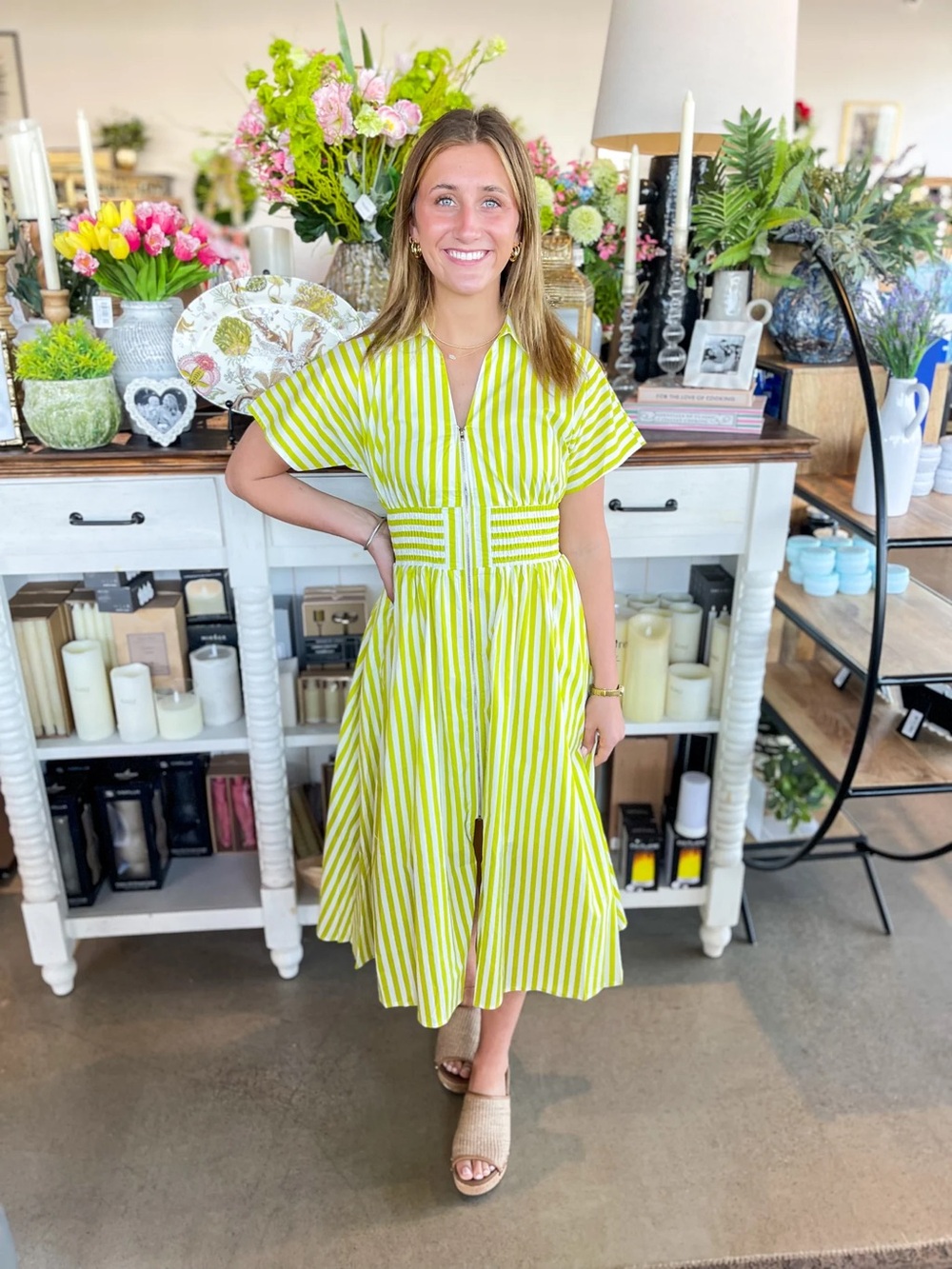 entro Lime Green and White Striped Midi Dress